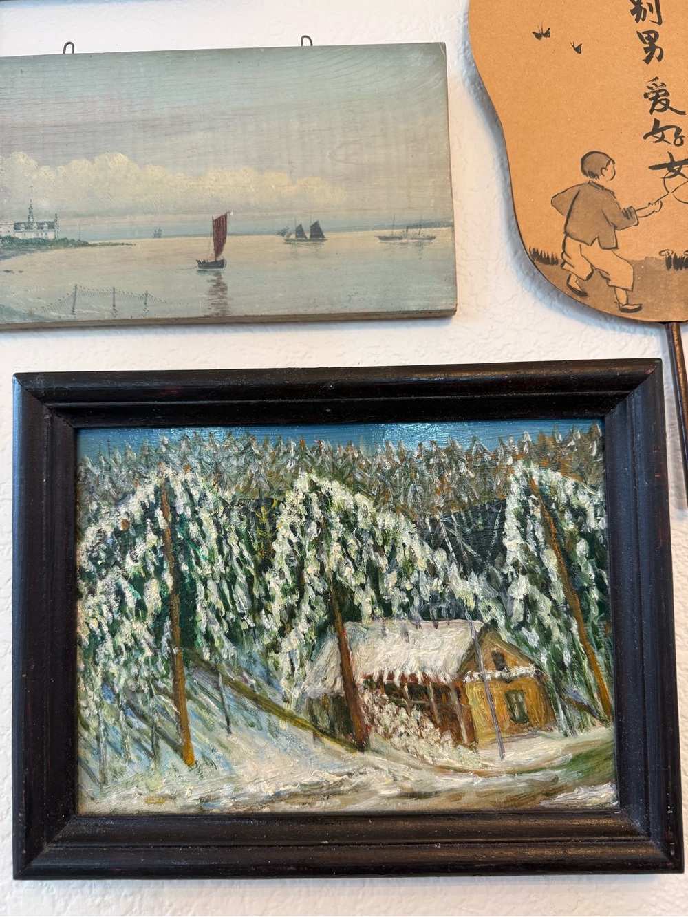 Snowy Cabin Forest Oil Painting - Green & White Original